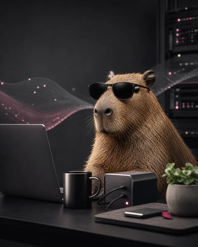 Capybara đeo kính tại một góc làm việc công nghệ